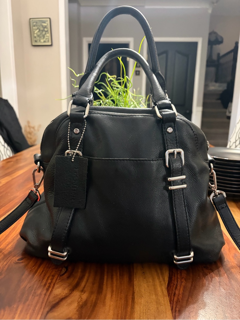 Danier Black Leather Satchel with Silver-Tone Hardware